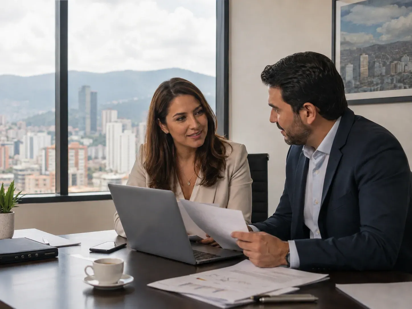 Reunión comercial entre dos profesionales revisando una propuesta B2B en una oficina