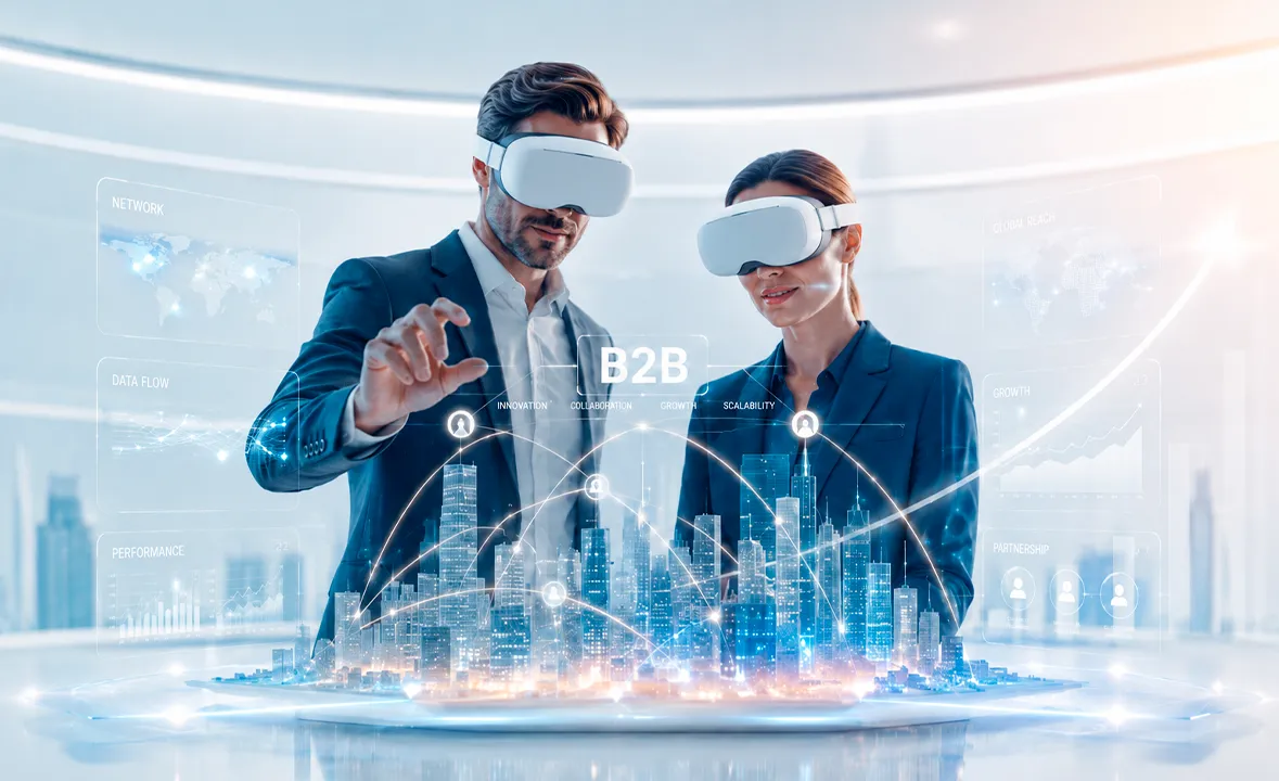 Equipo B2B analizando datos de crecimiento comercial en un entorno inmersivo