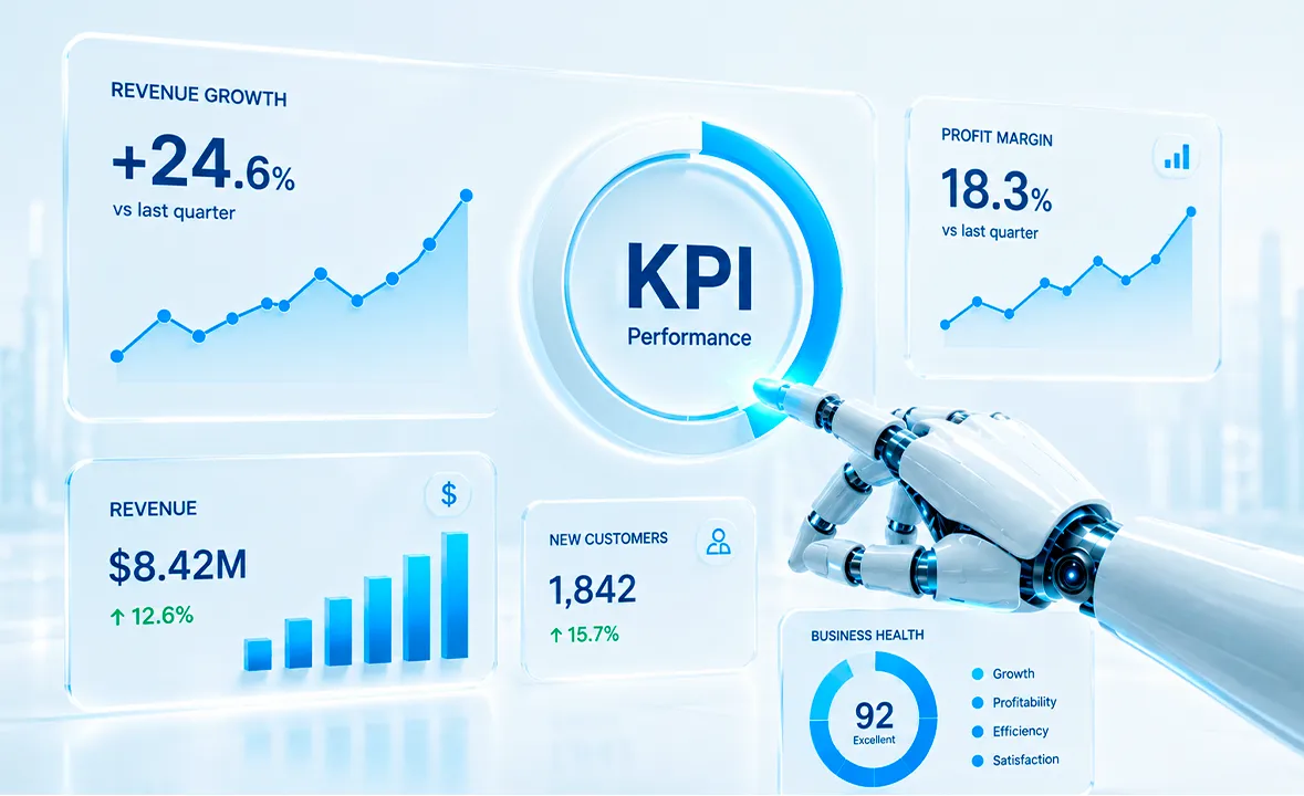 Panel de KPIs de negocio con margen, ingresos y clientes nuevos